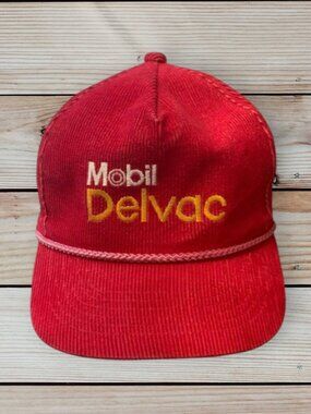 Vintage 80's "Mobil Delvac" Red Corduroy Snapback Trucker Hat Cap Made in USA